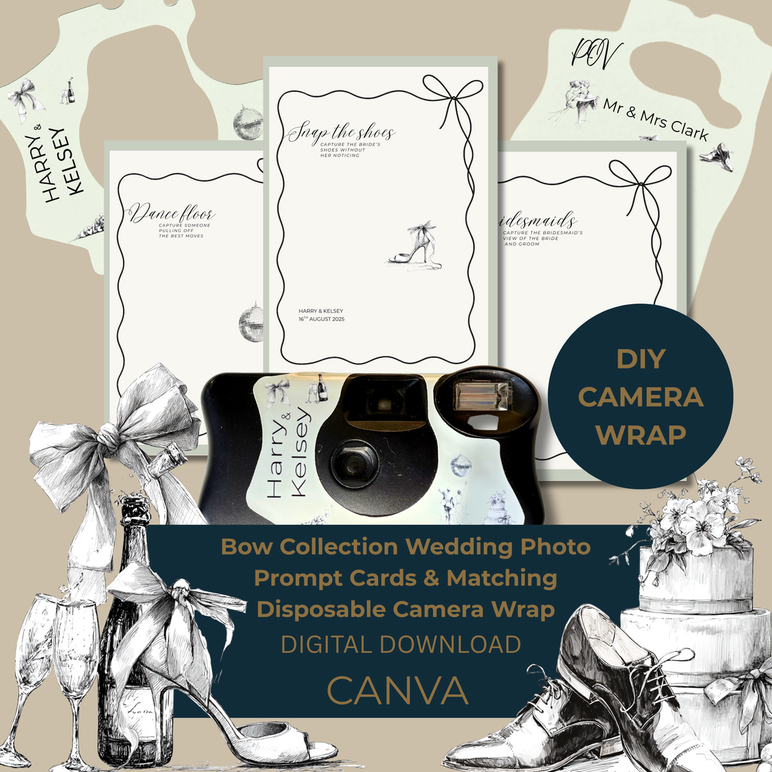 Bow Collection printable wedding photo prompt cards with matching disposable camera wrap template Canva design, displayed with wedding themed illustrations and example personalised camera wrap.