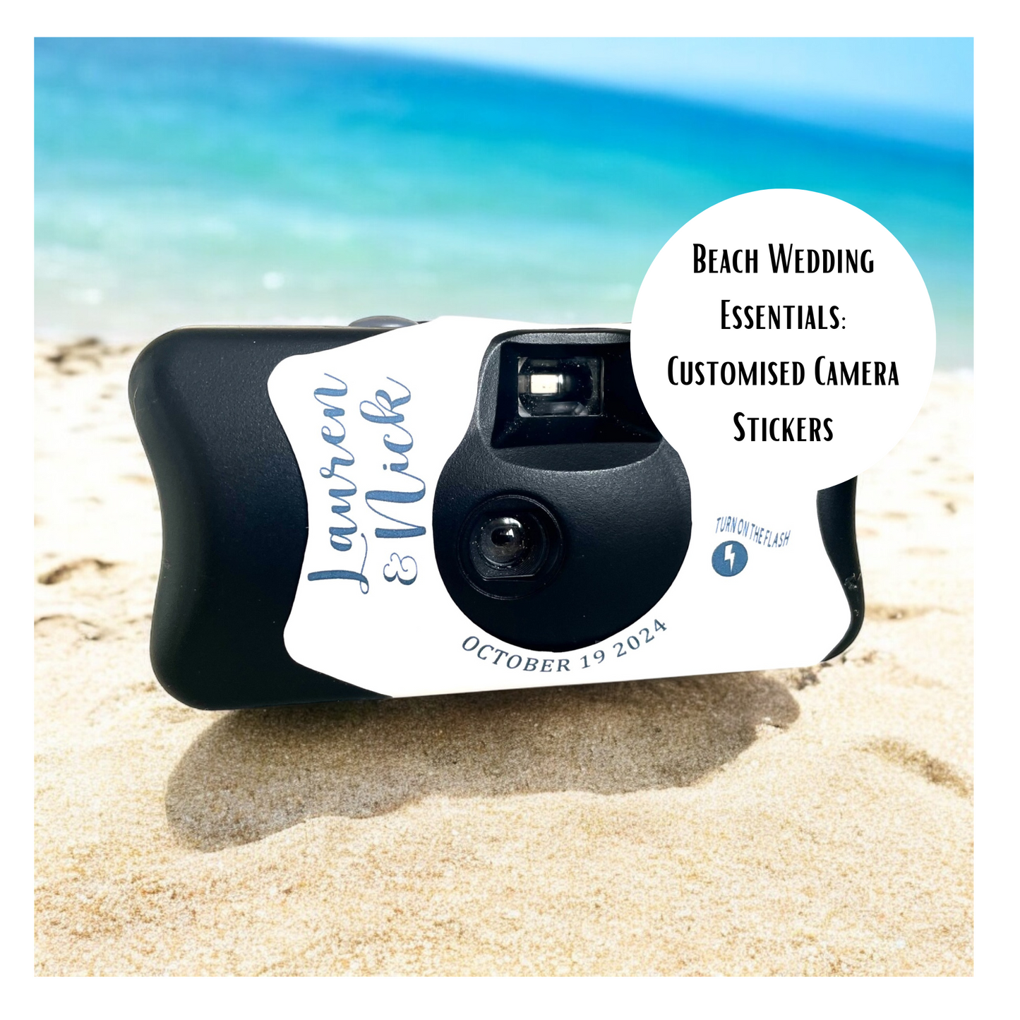 Navy Blue Waves Disposable Camera Stickers for Beach Weddings