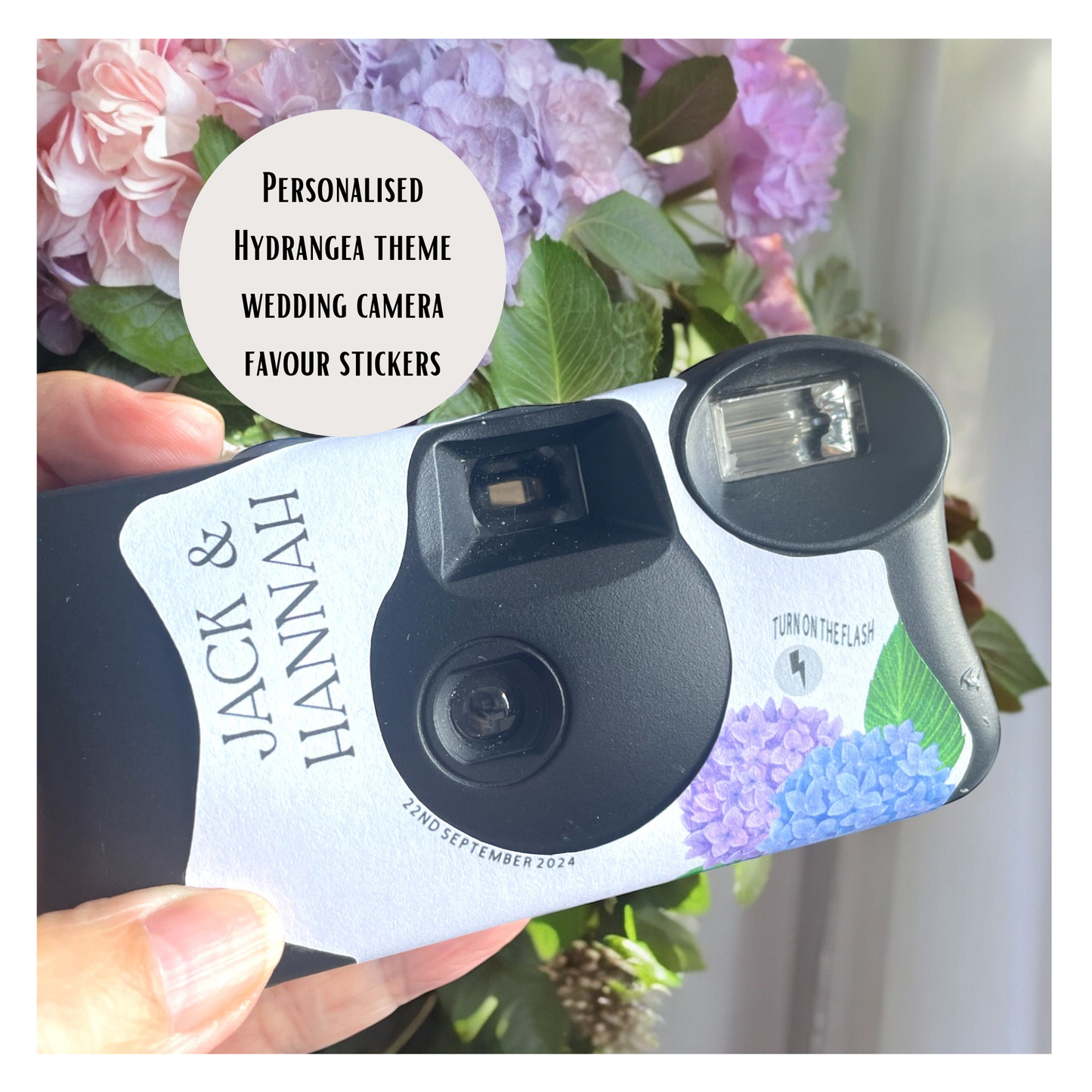 Blue & Purple Hydrangeas Disposable Camera Wedding Labels