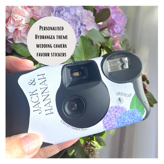 Blue & Purple Hydrangeas Disposable Camera Wedding Labels