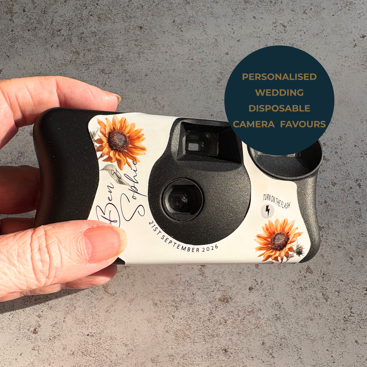 Personalised Sunflower Wedding Disposable Camera Wraps | Rustic Floral Wedding Table Favours