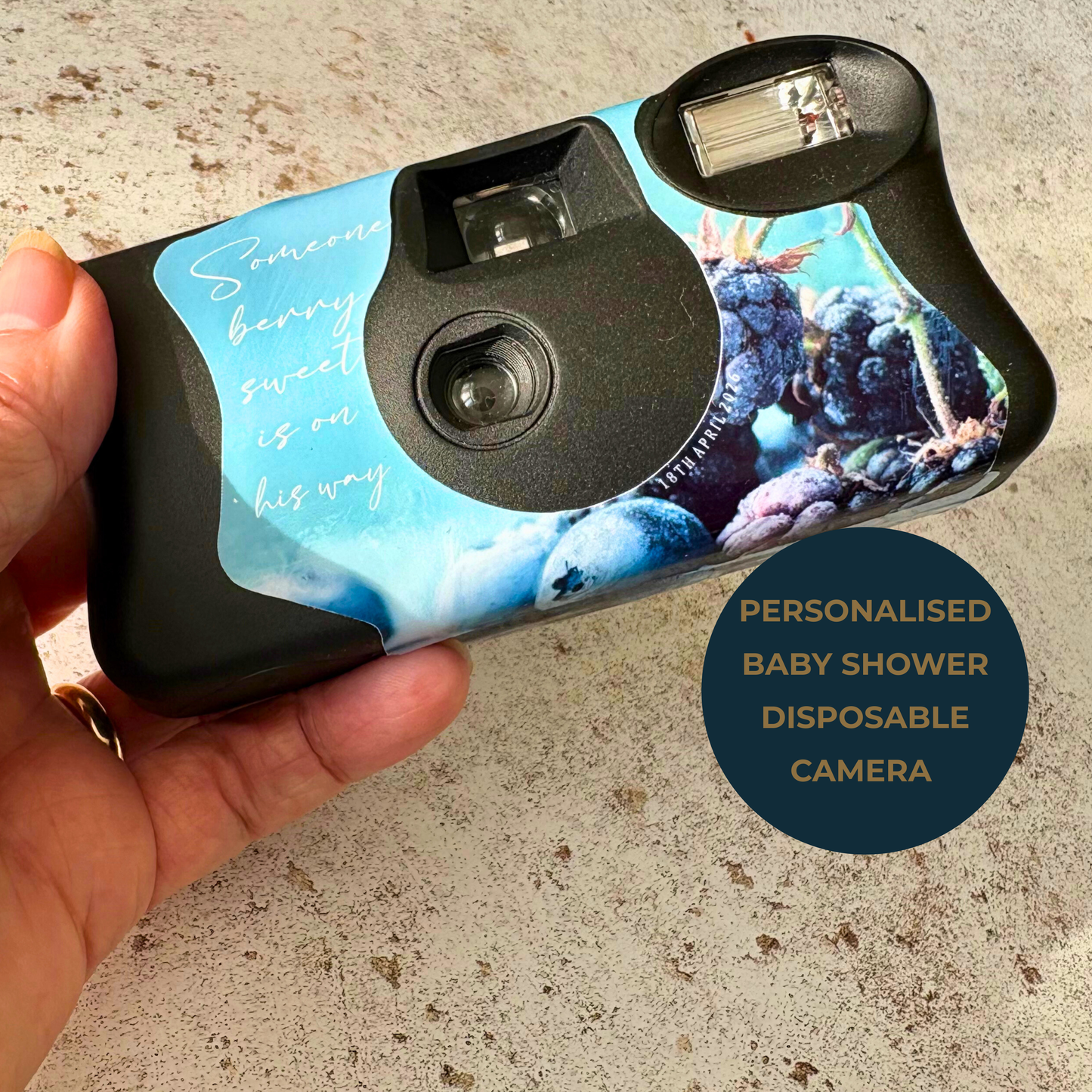 Berry Sweet Personalised Baby Shower Disposable Camera Wraps – Baby Boy Blueberry & Blackberry Theme