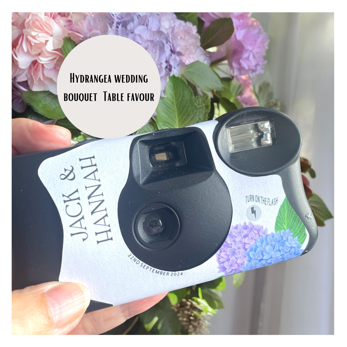 Blue & Purple Hydrangeas Disposable Camera Wedding Labels
