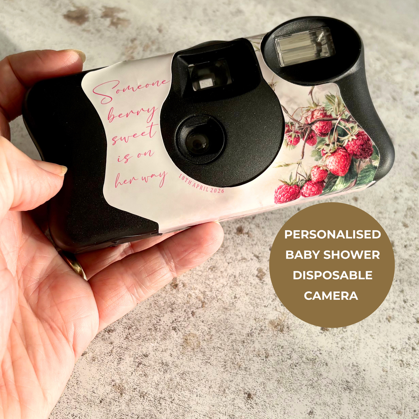2 x Berry Sweet Personalised Baby Shower Disposable Camera Wraps – Strawberry & Raspberry Design