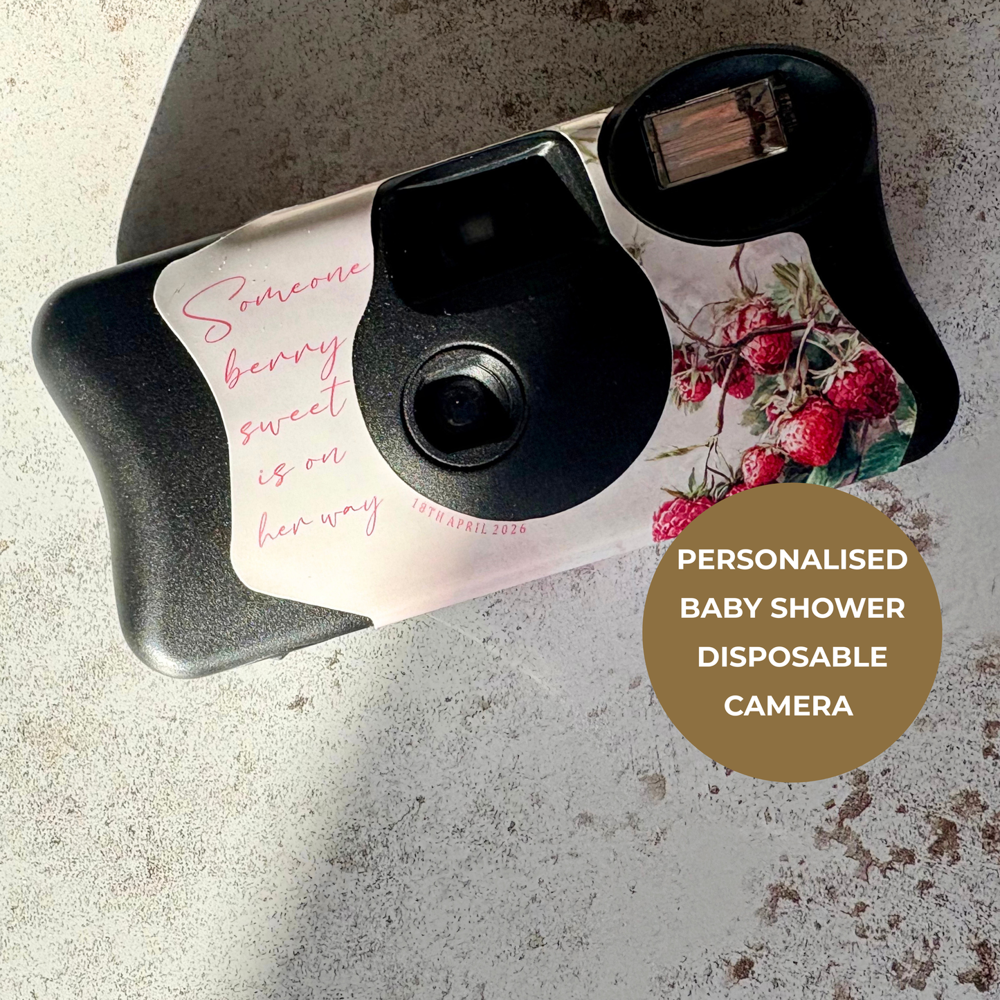 2 x Berry Sweet Personalised Baby Shower Disposable Camera Wraps – Strawberry & Raspberry Design