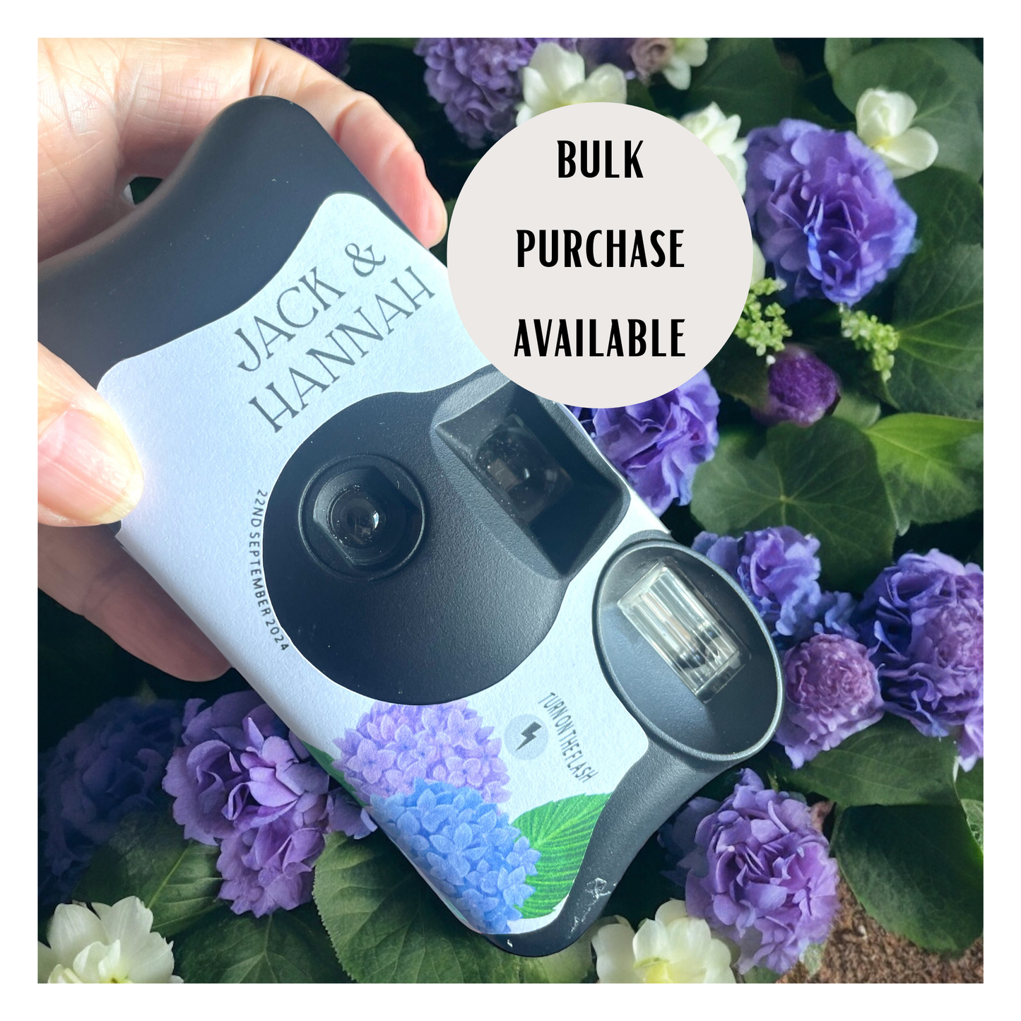 Blue & Purple Hydrangeas Disposable Camera Wedding Labels