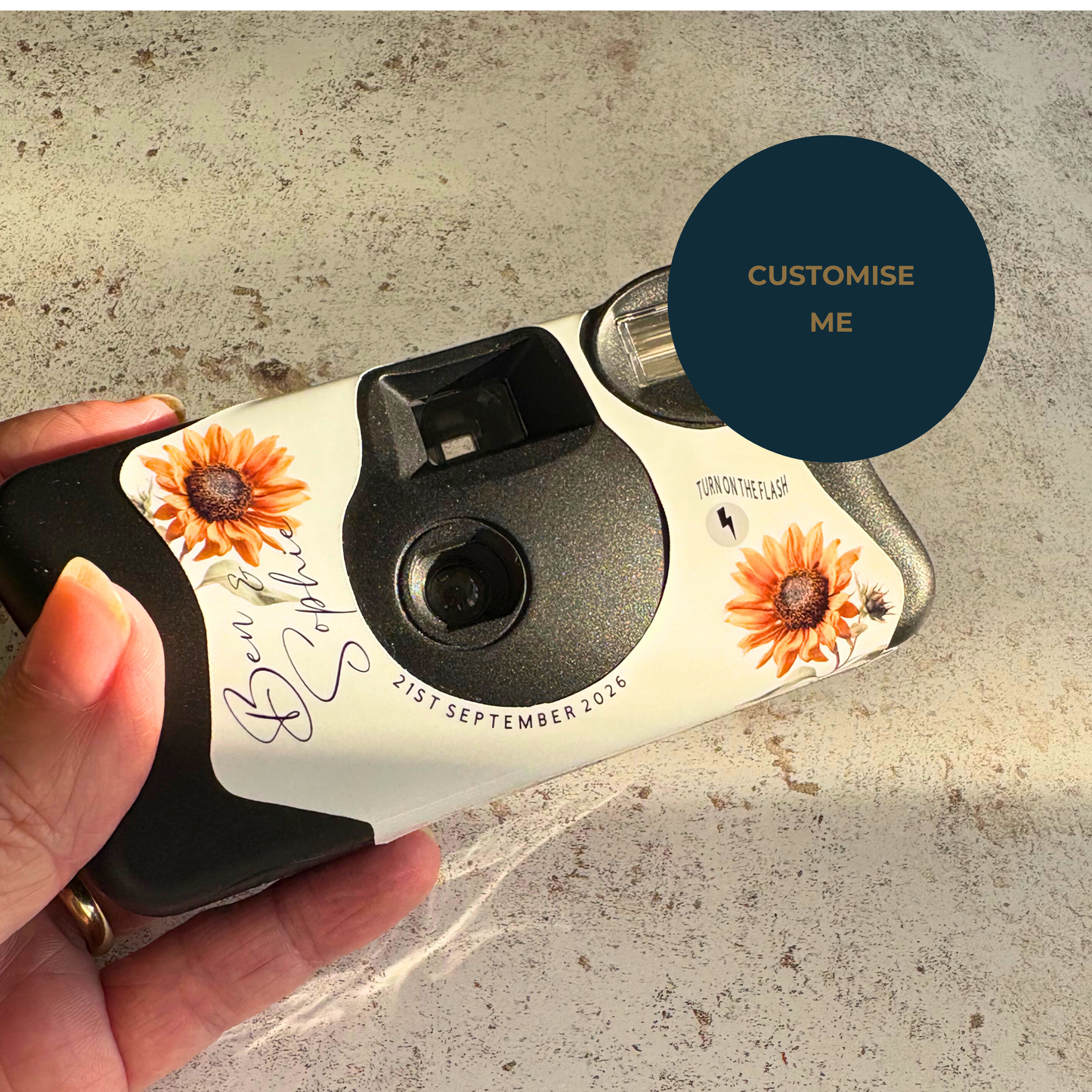 Personalised Sunflower Wedding Disposable Camera Wraps | Rustic Floral Wedding Table Favours