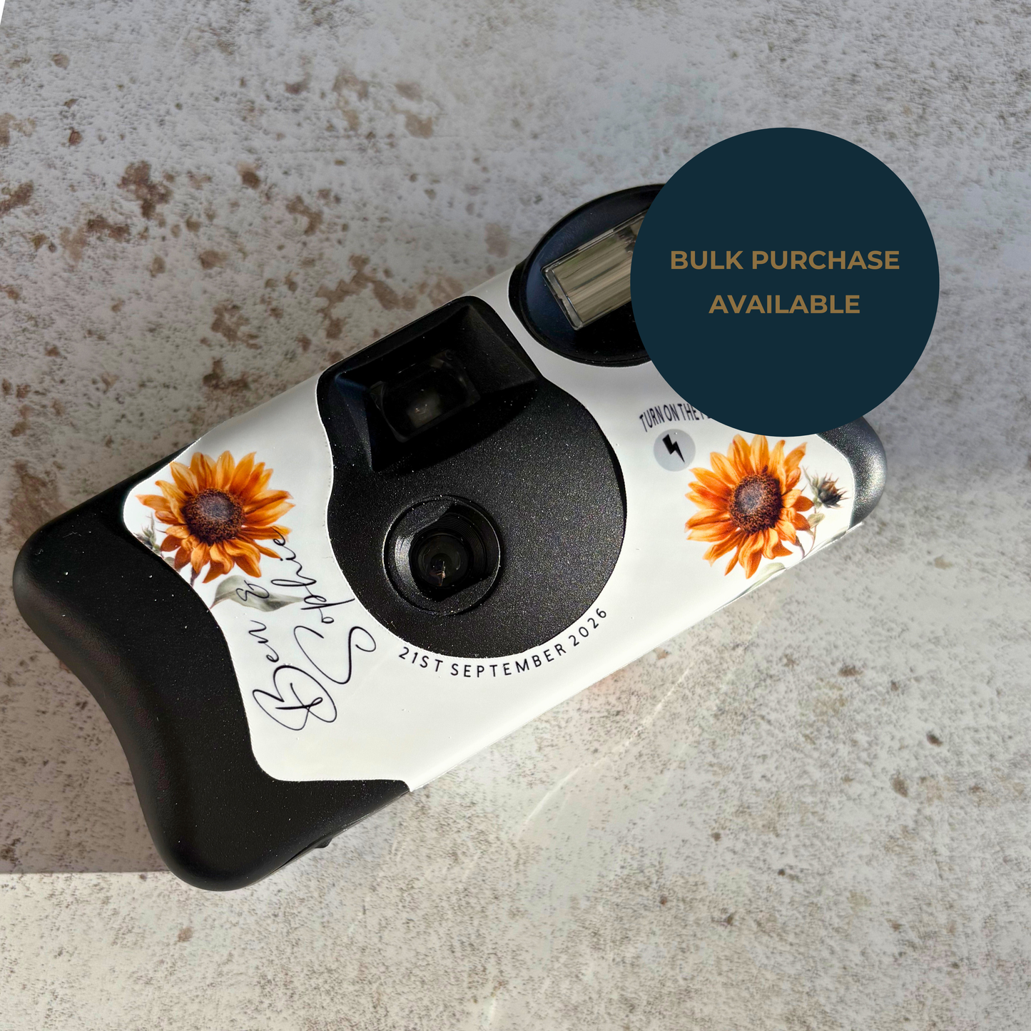 Personalised Sunflower Wedding Disposable Camera Wraps | Rustic Floral Wedding Table Favours