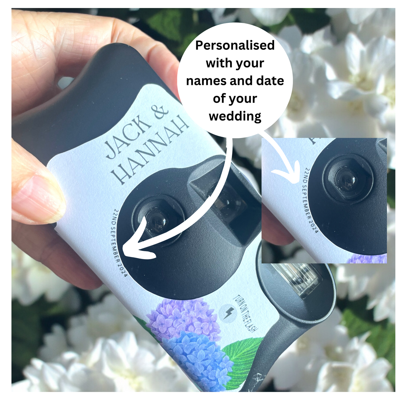 Blue & Purple Hydrangeas Disposable Camera Wedding Labels