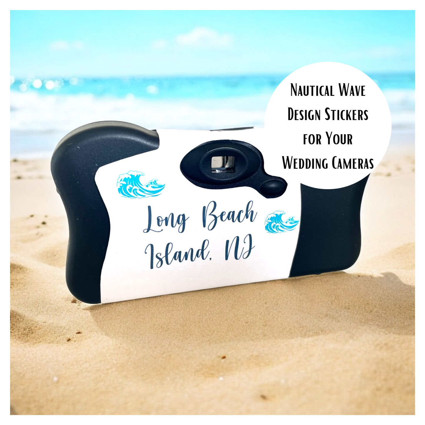 Navy Blue Waves Disposable Camera Stickers for Beach Weddings