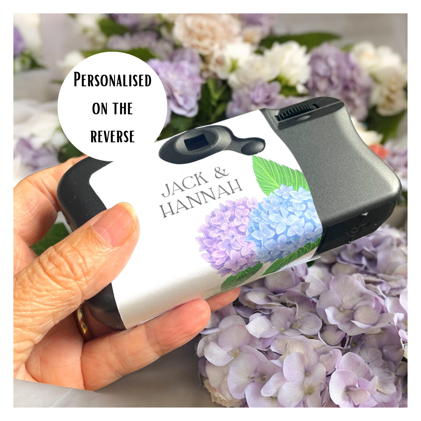 Blue & Purple Hydrangeas Disposable Camera Wedding Labels