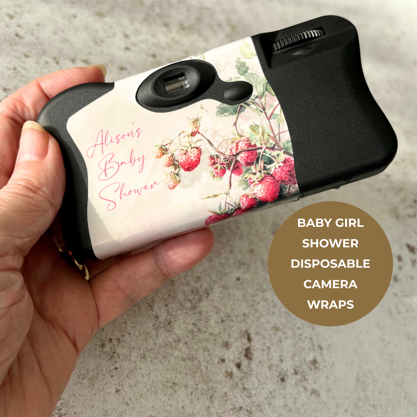2 x Berry Sweet Personalised Baby Shower Disposable Camera Wraps – Strawberry & Raspberry Design