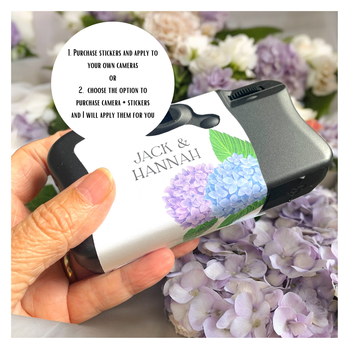 Blue & Purple Hydrangeas Disposable Camera Wedding Labels