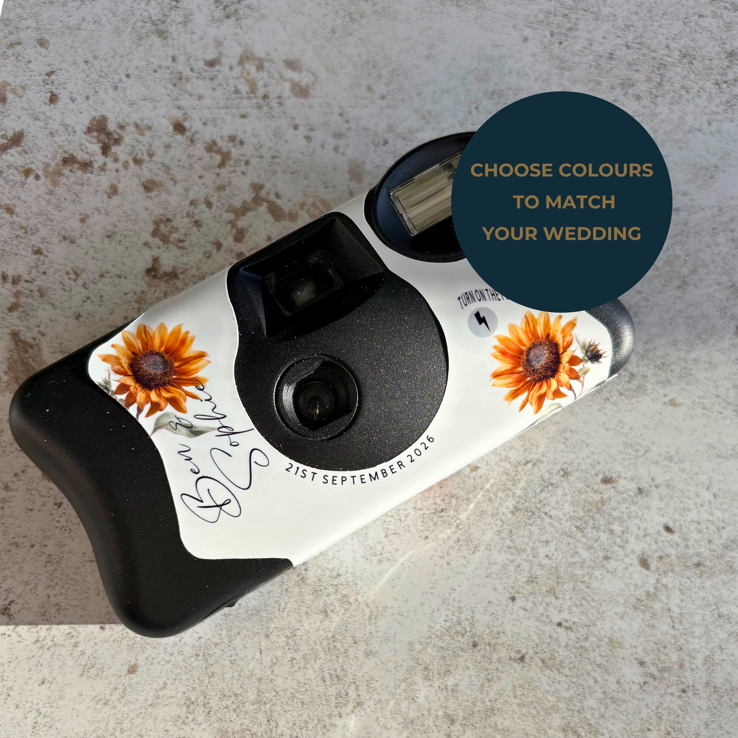 Personalised Sunflower Wedding Disposable Camera Wraps | Rustic Floral Wedding Table Favours