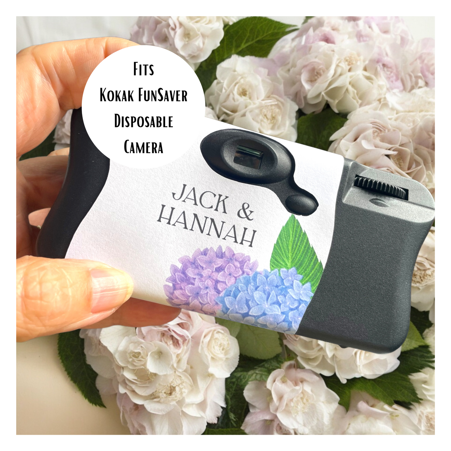 Blue & Purple Hydrangeas Disposable Camera Wedding Labels