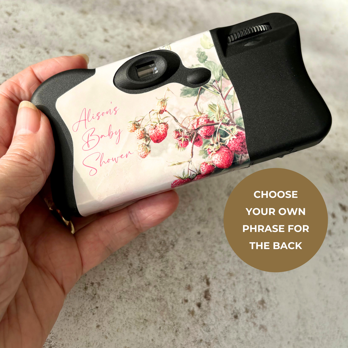 2 x Berry Sweet Personalised Baby Shower Disposable Camera Wraps – Strawberry & Raspberry Design