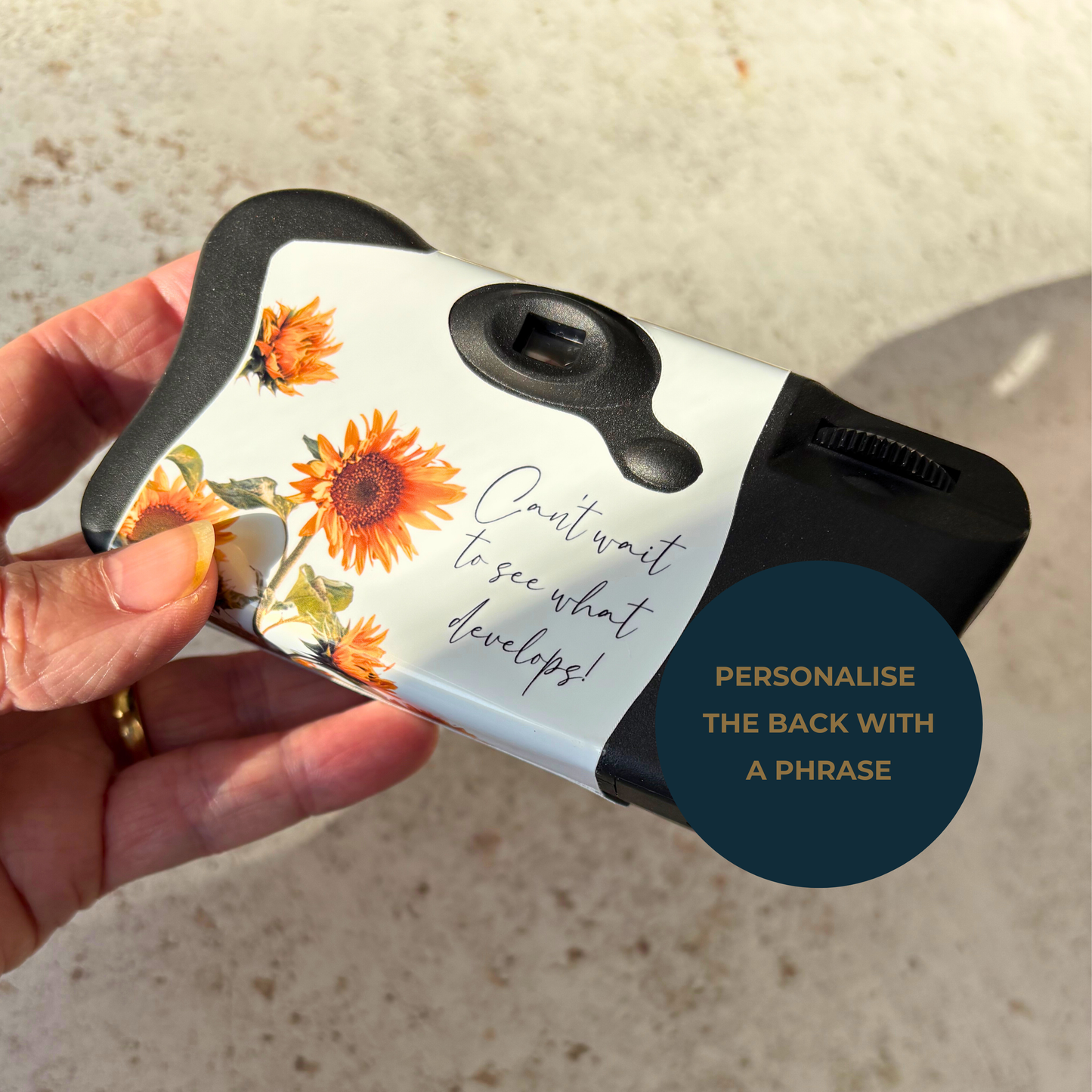 Personalised Sunflower Wedding Disposable Camera Wraps | Rustic Floral Wedding Table Favours