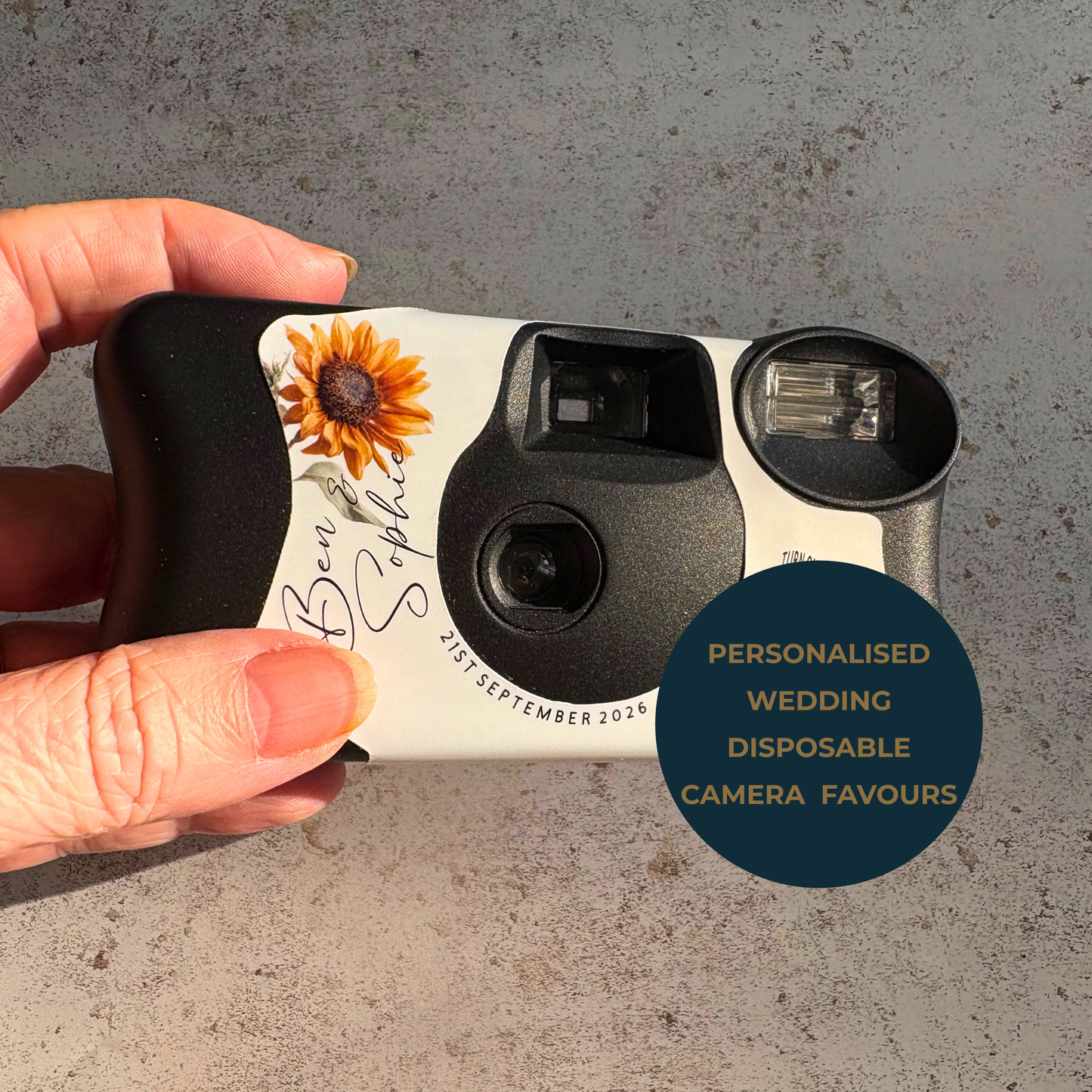 Personalised Sunflower Wedding Disposable Camera Wraps | Rustic Floral Wedding Table Favours