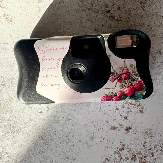 2 x Berry Sweet Personalised Baby Shower Disposable Camera Wraps – Strawberry & Raspberry Design