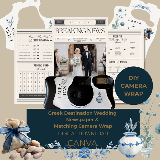 Greek Wedding Newspaper Template for Guests with Matching Camera Wrap – Printable, Canva Editable