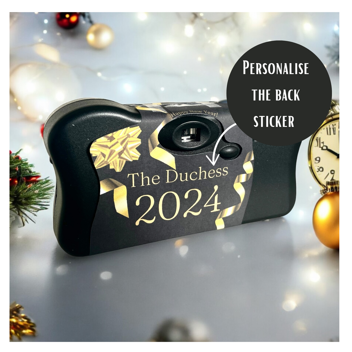 Black and Gold New Year's Eve Party Disposable Camera Sticker