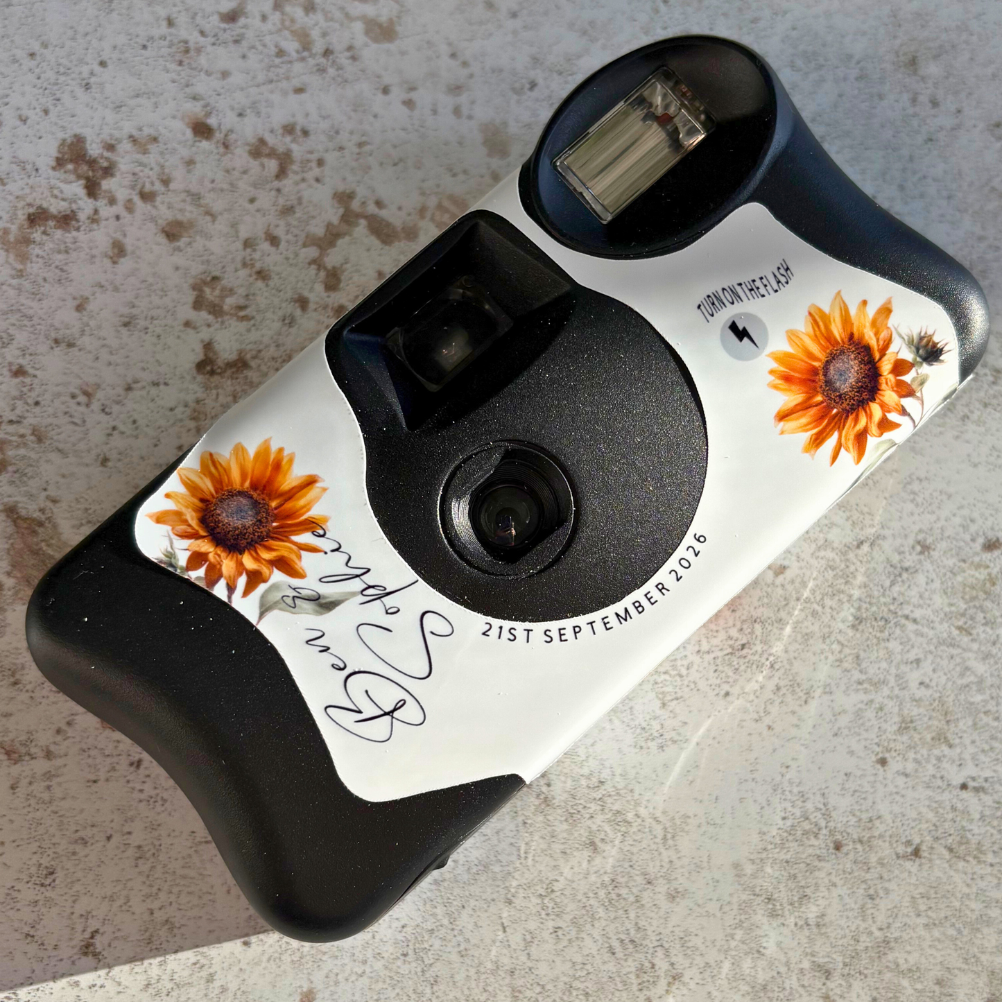 Personalised Sunflower Wedding Disposable Camera Wraps | Rustic Floral Wedding Table Favours