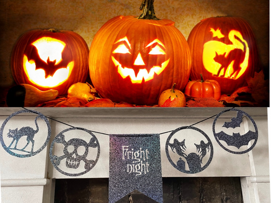 Halloween Fright Night Black Glitter Card Bunting, Die Cut Scary Children's Party Decor Garland, Ready to Hang Bats and Ghosts Banner