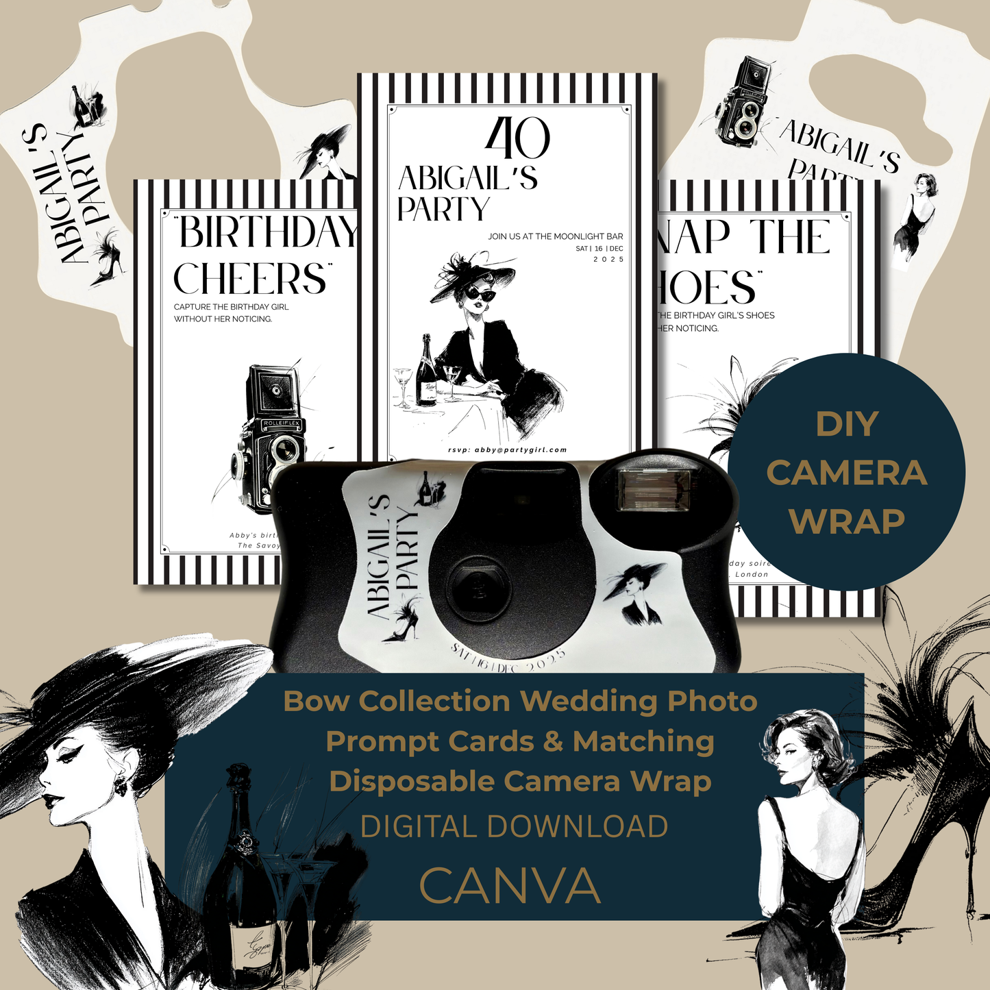 Flat lay of black and white birthday photo prompt cards with matching disposable camera wraps, illustrated fashion figures and a wrapped disposable camera