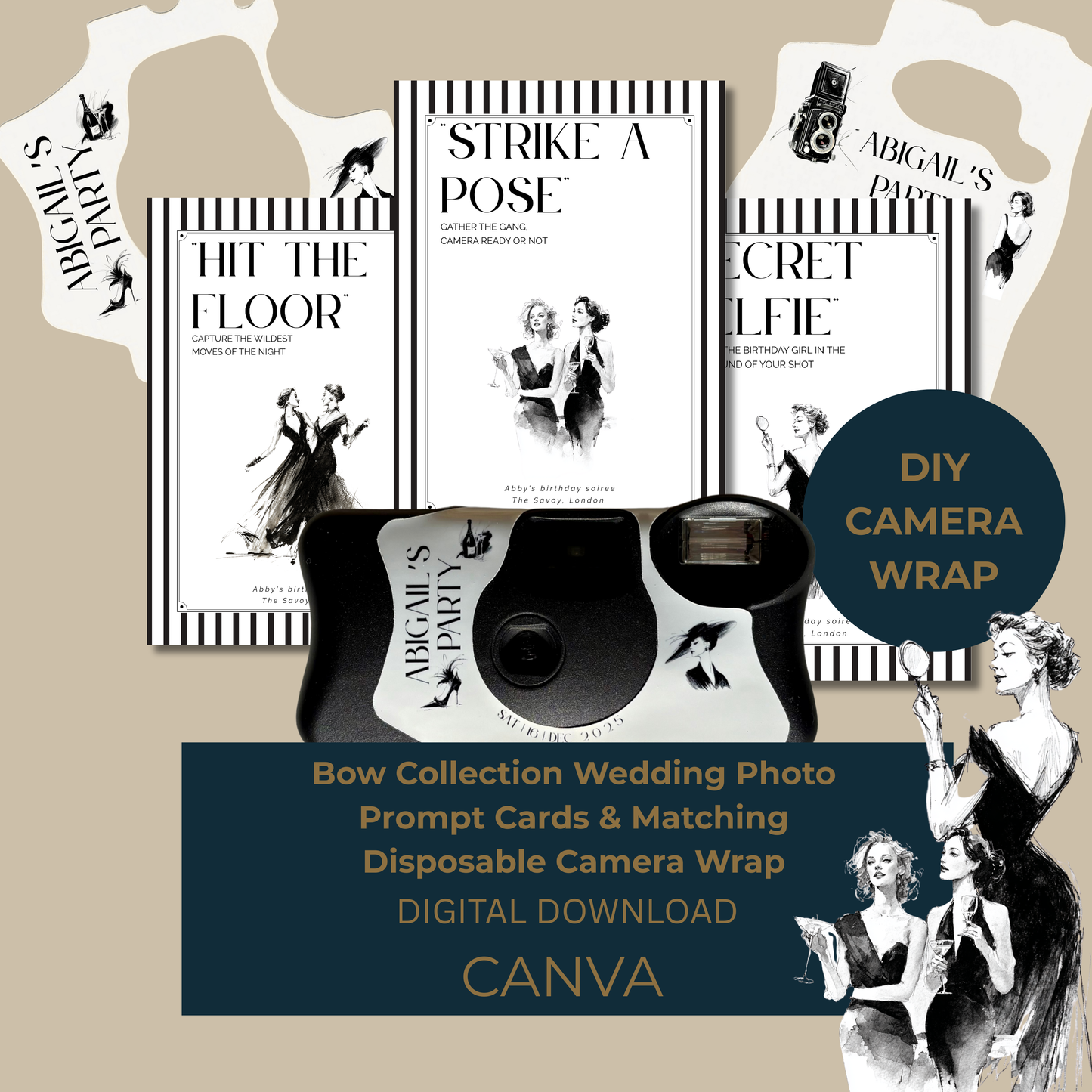 Black and white birthday photo prompt cards and disposable camera wrap displayed together, featuring vintage fashion illustrations and striped borders