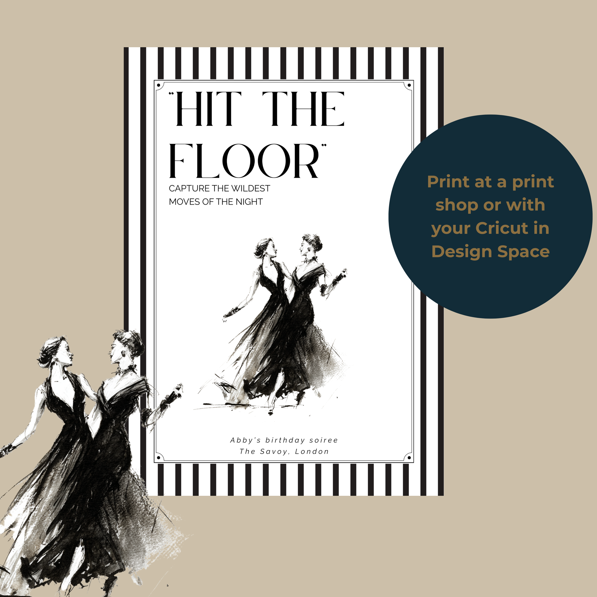 Black and white photo prompt card titled ‘Hit the Floor’ with dancing women illustration and striped border, shown with print and Cricut callout
