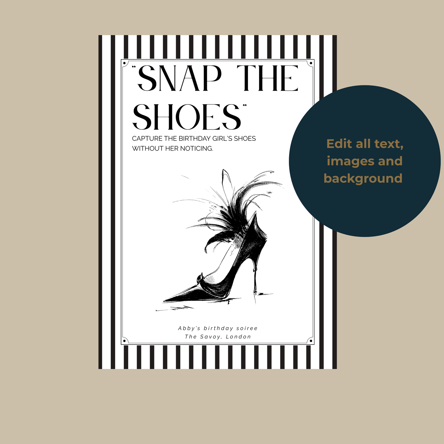 Black and white photo prompt card titled ‘Snap the Shoes’ with illustrated high heel and striped border, shown with Canva editing badge
