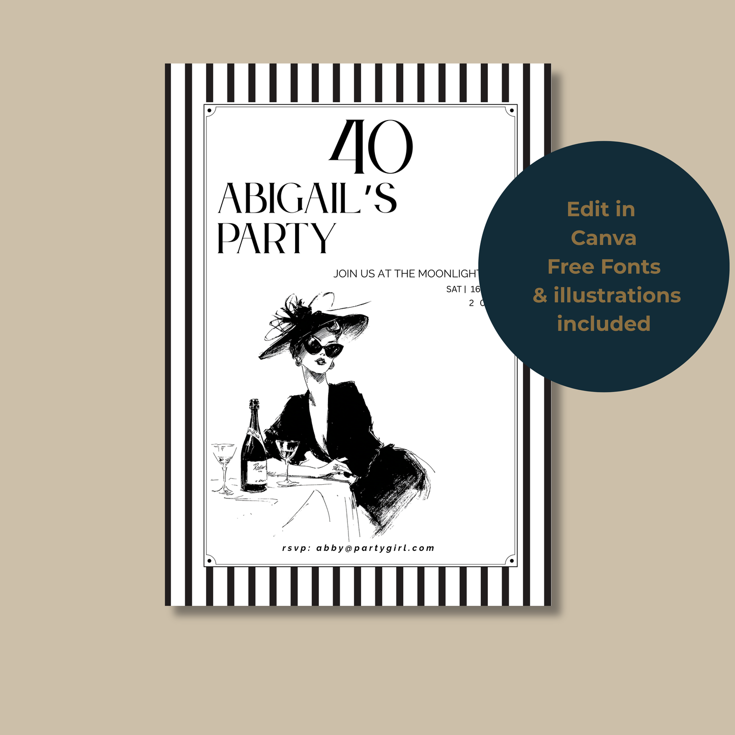 Editable black and white birthday invitation with striped border and illustrated woman in a hat, shown with a Canva editing badge