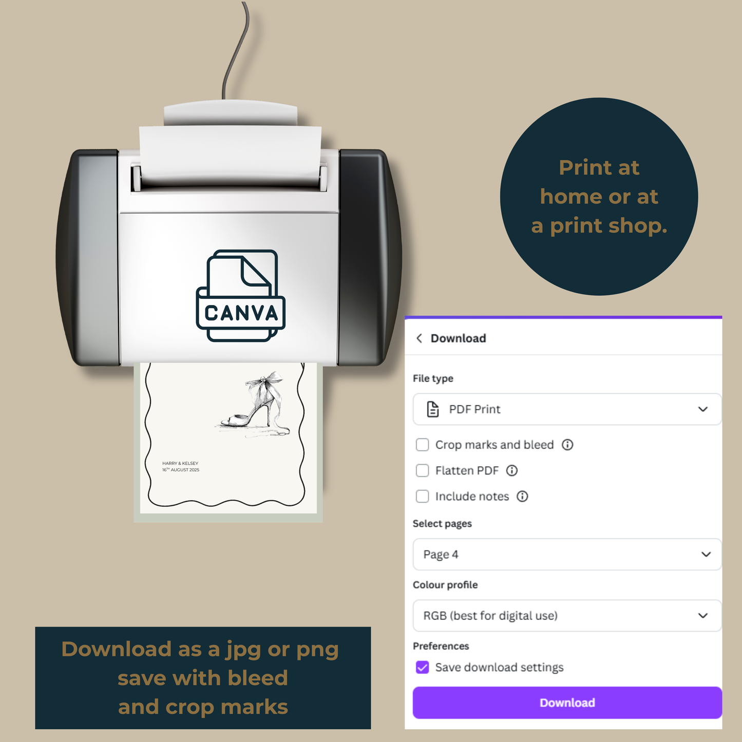 Printable birthday photo prompt card being printed from Canva, with instructions showing how to download a PDF with bleed and crop marks