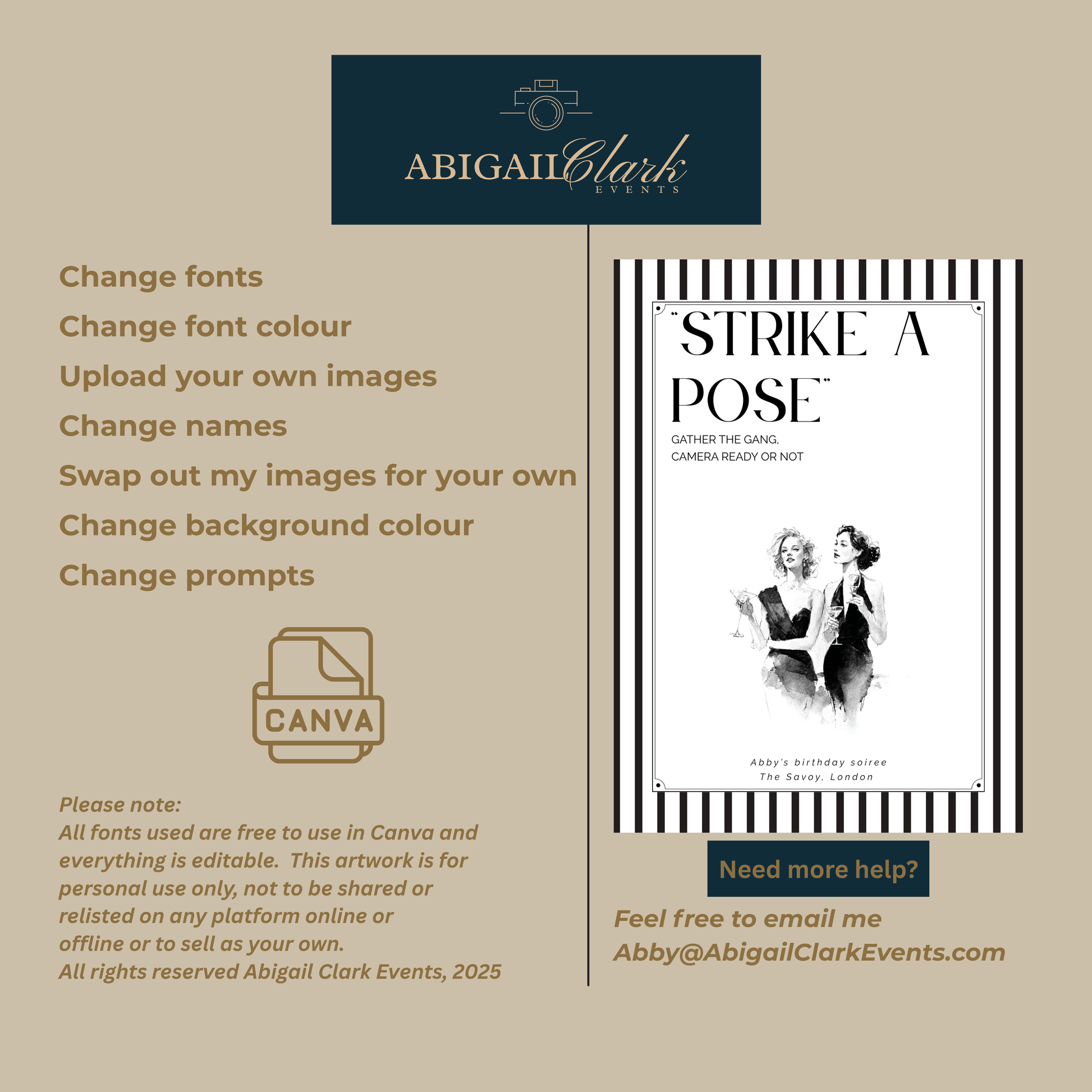 Editable birthday photo prompt card shown with a list of Canva customisation options including changing fonts, colours, images and prompts, alongside the ‘Strike a Pose’ card design with vintage illustration