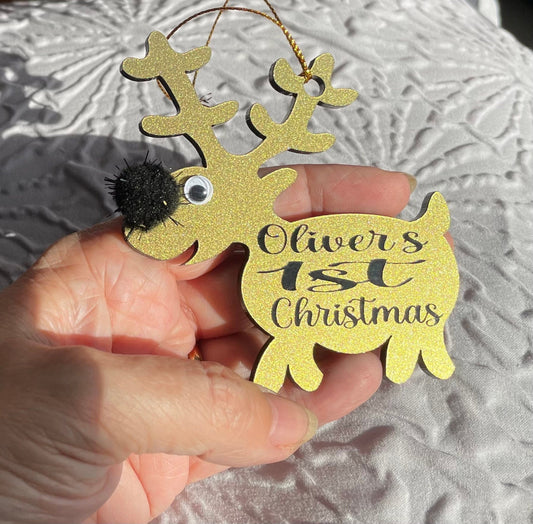 Personalised Gold Christmas Tree Hanging Reindeer