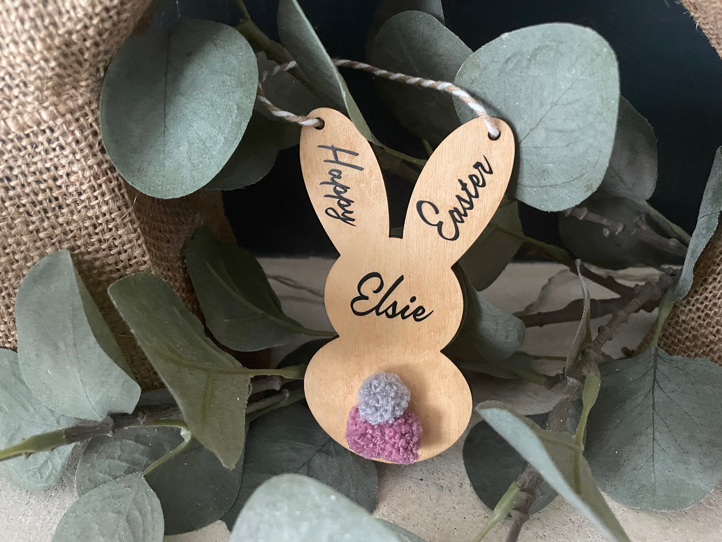 Personalised Wooden Happy Easter Bunny for Kids, Customised Hanging Easter Gift with Coloured Pom-Pom Tail, Custom Woodland Theme Room Decor