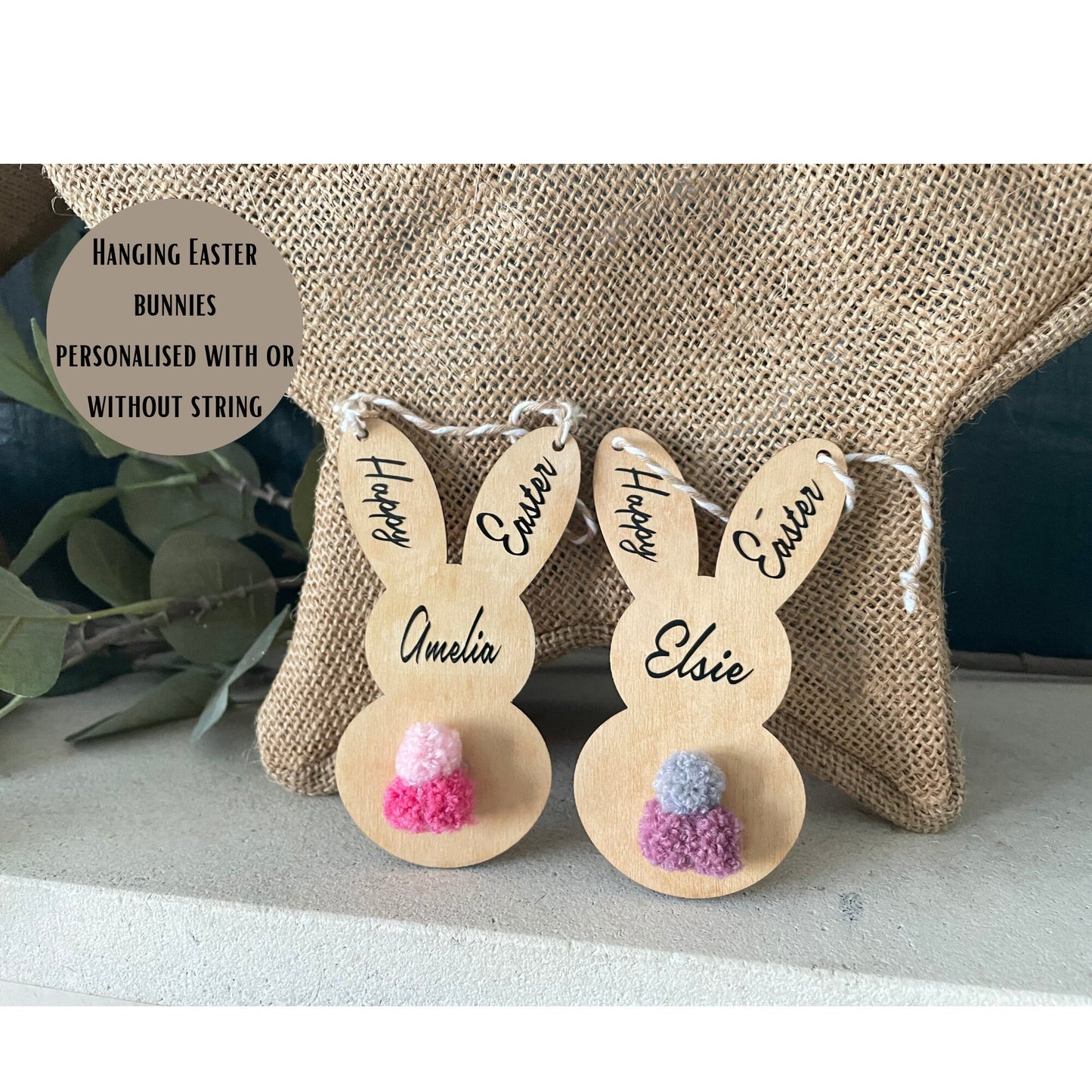 Personalised Wooden Happy Easter Bunny for Kids, Customised Hanging Easter Gift with Coloured Pom-Pom Tail, Custom Woodland Theme Room Decor