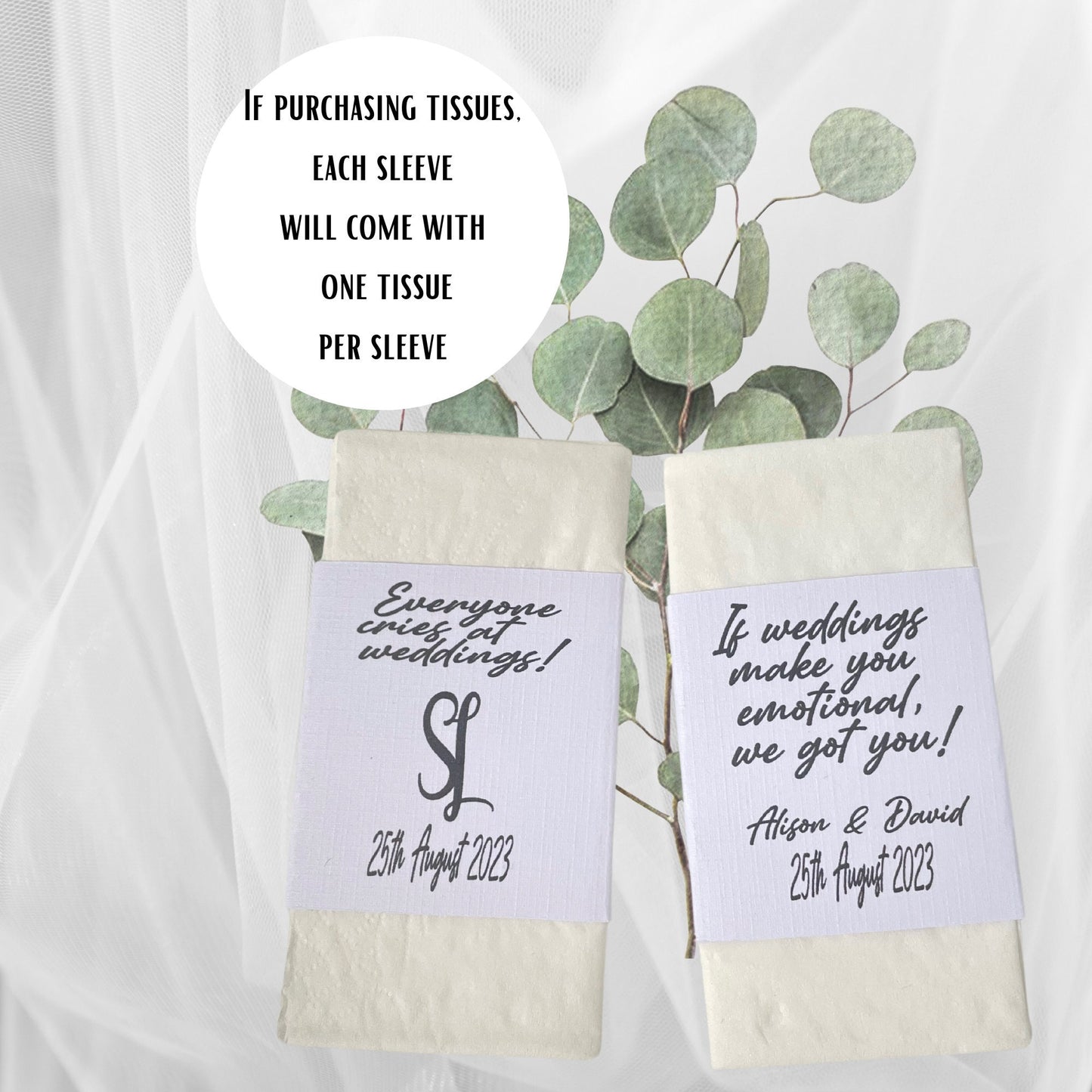 Wedding Guest Tissue for the Big Day, Custom Happy Tears Bulk Bridal Party Favours, White Pocket Tissues with Bride and Groom Names & Dates