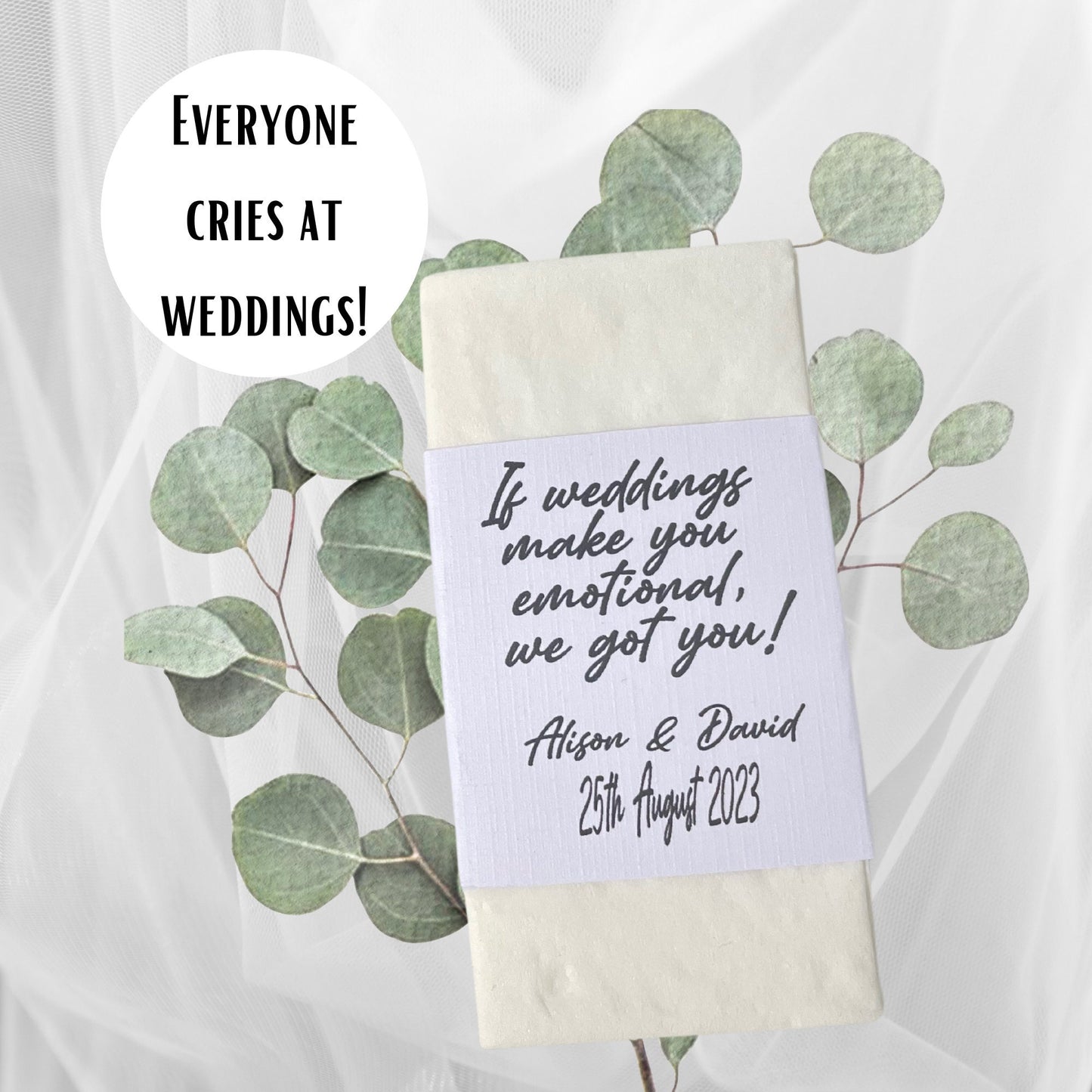 Wedding Guest Tissue for the Big Day, Custom Happy Tears Bulk Bridal Party Favours, White Pocket Tissues with Bride and Groom Names & Dates