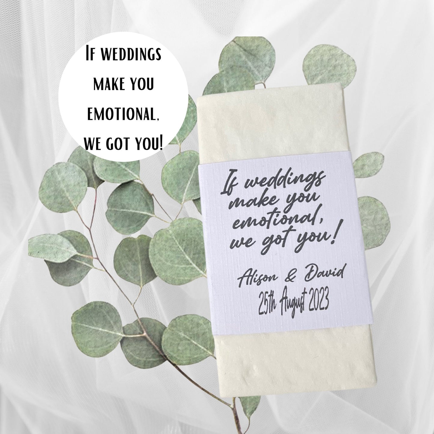 Wedding Guest Tissue for the Big Day, Custom Happy Tears Bulk Bridal Party Favours, White Pocket Tissues with Bride and Groom Names & Dates