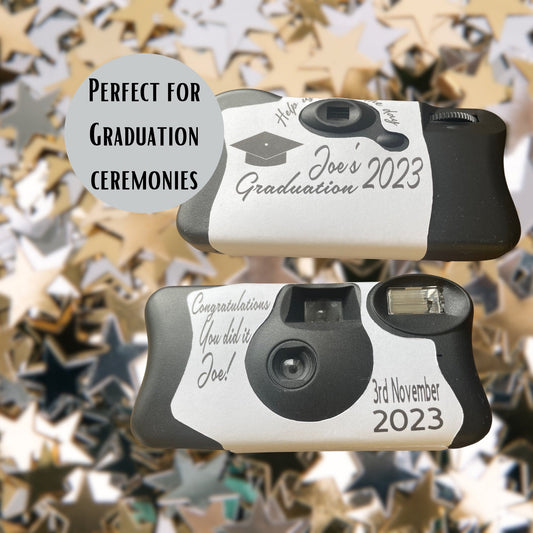 KodakFunSaver Disposable graduation, personalised and printed on white vinyl with the date of the event in black