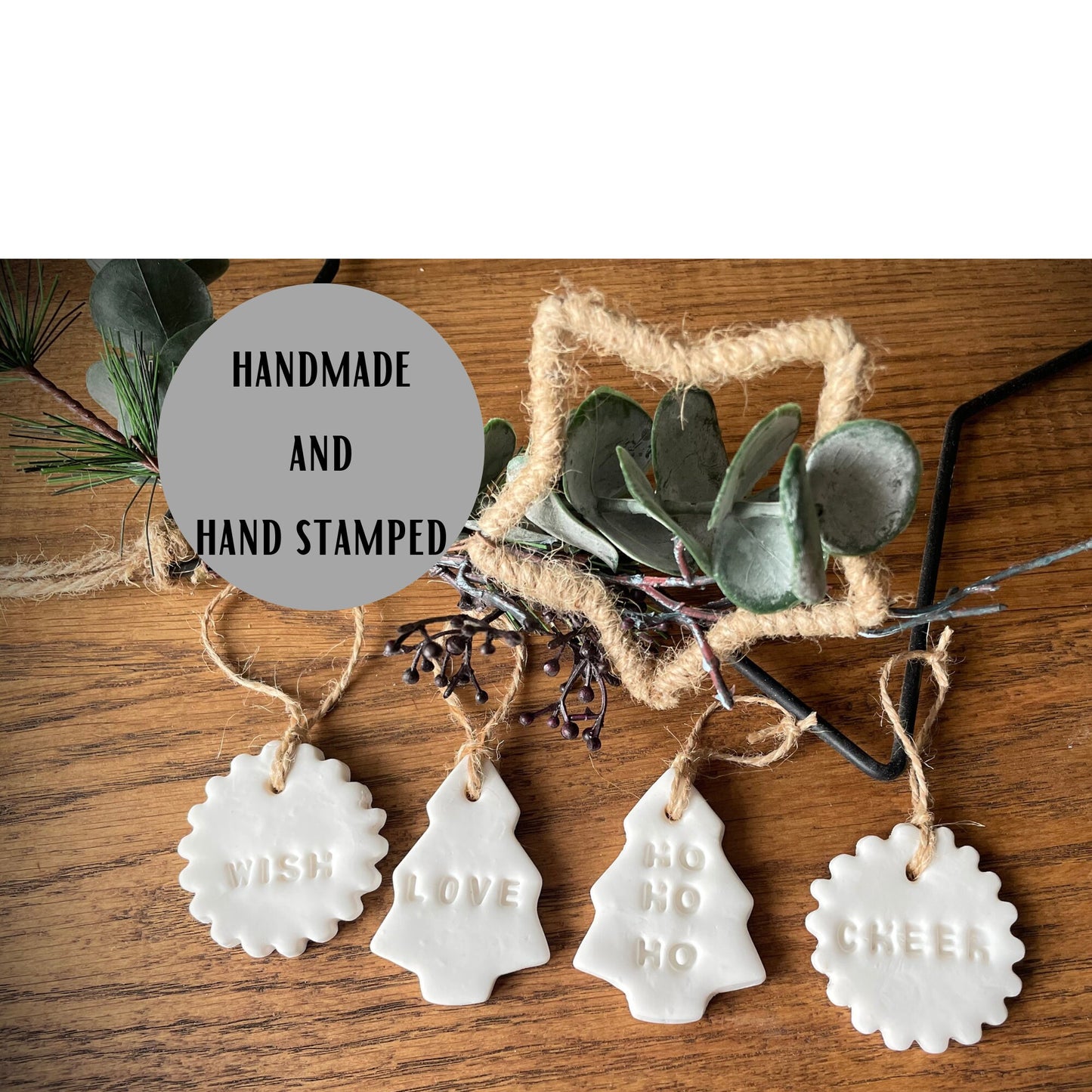 White Ceramic Hanging Decorations, Set of 4 Hand Stamped Ho Ho Ho, Cheer, Wish, Love, Mini Nordic Style Christmas Gift Tags or Napkin Rings