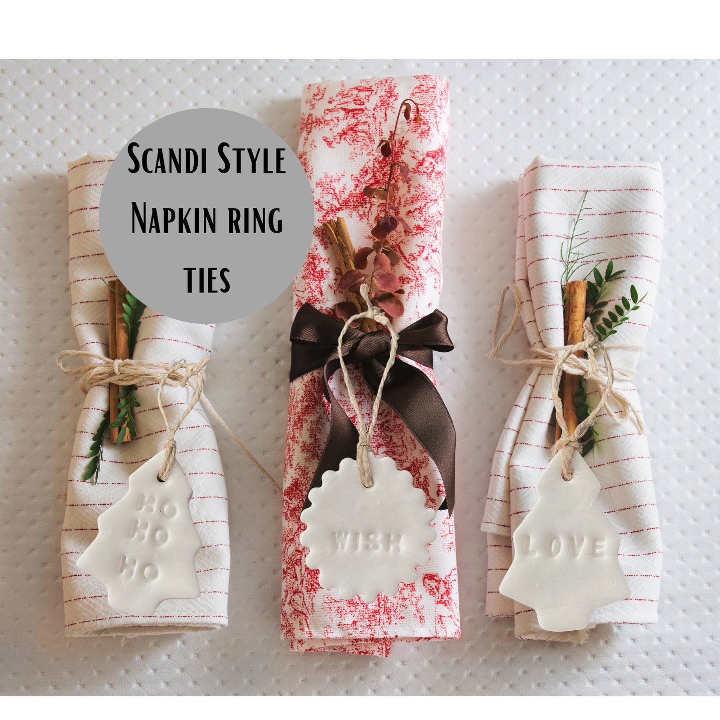 White Ceramic Hanging Decorations, Set of 4 Hand Stamped Ho Ho Ho, Cheer, Wish, Love, Mini Nordic Style Christmas Gift Tags or Napkin Rings