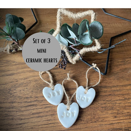 White Ceramic Hanging Clay Hearts, Set of 3 Hand Stamped Joy Mini Christmas Tree Decorations, Scandi Style Present Gift Tags or Napkin Rings