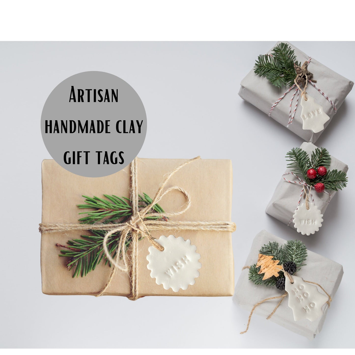 White Ceramic Hanging Decorations, Set of 4 Hand Stamped Ho Ho Ho, Cheer, Wish, Love, Mini Nordic Style Christmas Gift Tags or Napkin Rings