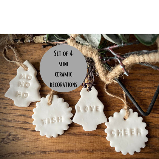White Ceramic Hanging Decorations, Set of 4 Hand Stamped Ho Ho Ho, Cheer, Wish, Love, Mini Nordic Style Christmas Gift Tags or Napkin Rings