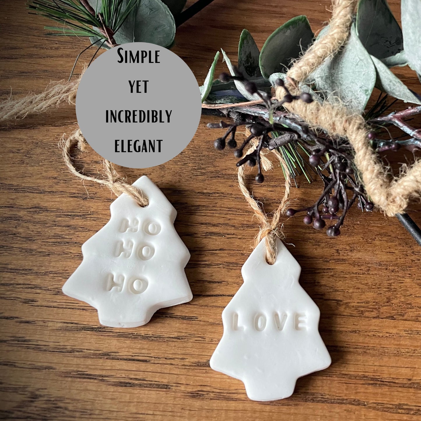 White Ceramic Hanging Decorations, Set of 4 Hand Stamped Ho Ho Ho, Cheer, Wish, Love, Mini Nordic Style Christmas Gift Tags or Napkin Rings