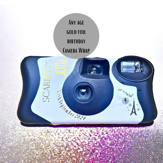 Gold foil Kodak FunSaver disposable camera replacement stickers for special birthdays.  Pictured on straw and featuring the Eiffel Tower.  Perfect for destination birthdays.